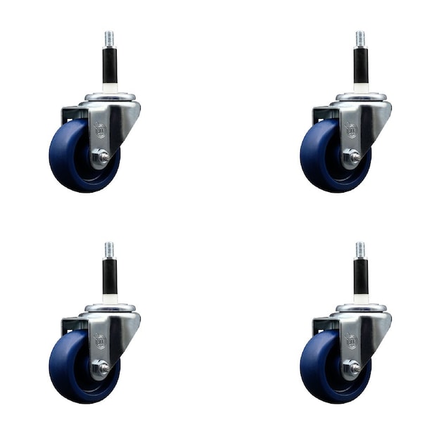3'' SS Solid Poly Wheel Swivel 7/8'' Expanding Stem Caster Set, 4PK